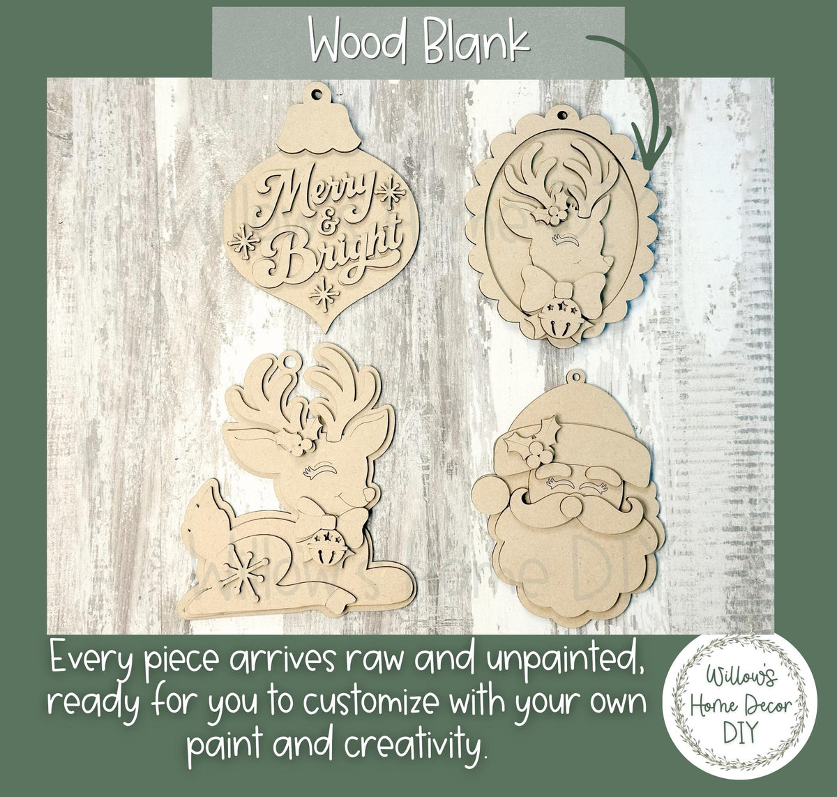 Retro Christmas Ornament Blanks, Unfinished Wood Paint Your Own, Santa and Reindeer