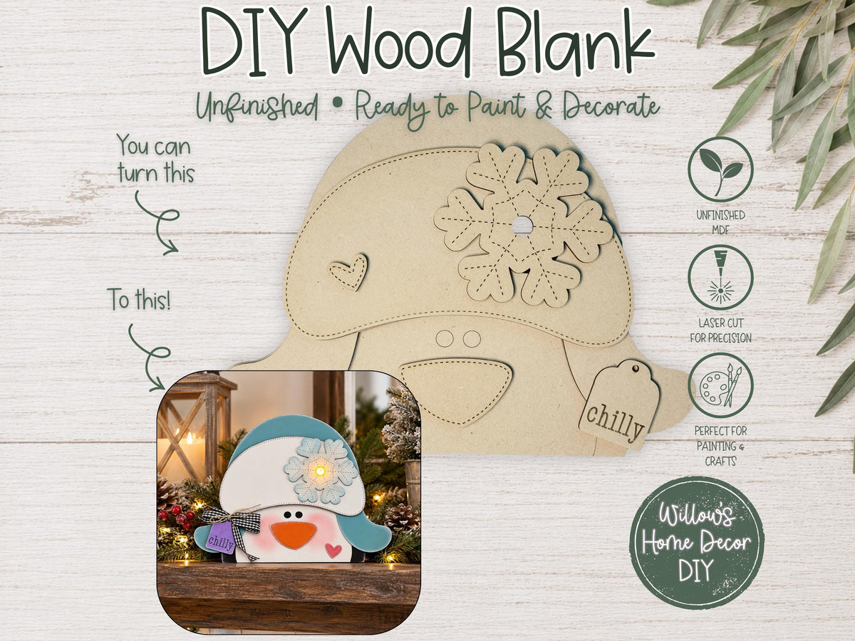 Penguin Shelf Sitter Blank to Paint with Tea Light, Unfinished Wood Winter Decor, DIY Holiday Penguin Craft