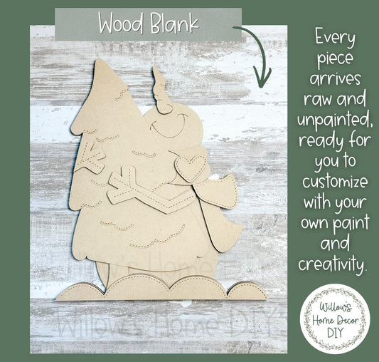 Snowman Hugging Christmas Tree Shelf Sitter Blank to Paint, Unfinished Wood Winter Decor, DIY Holiday Snowman Craft