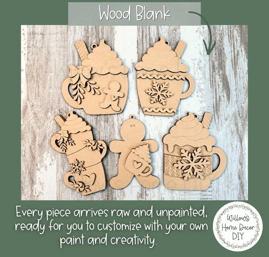 Hot Cocoa Mug Ornament Blanks, Unfinished Wood Paint Your Own, Gingerbread Christmas Ornament DIY Kit