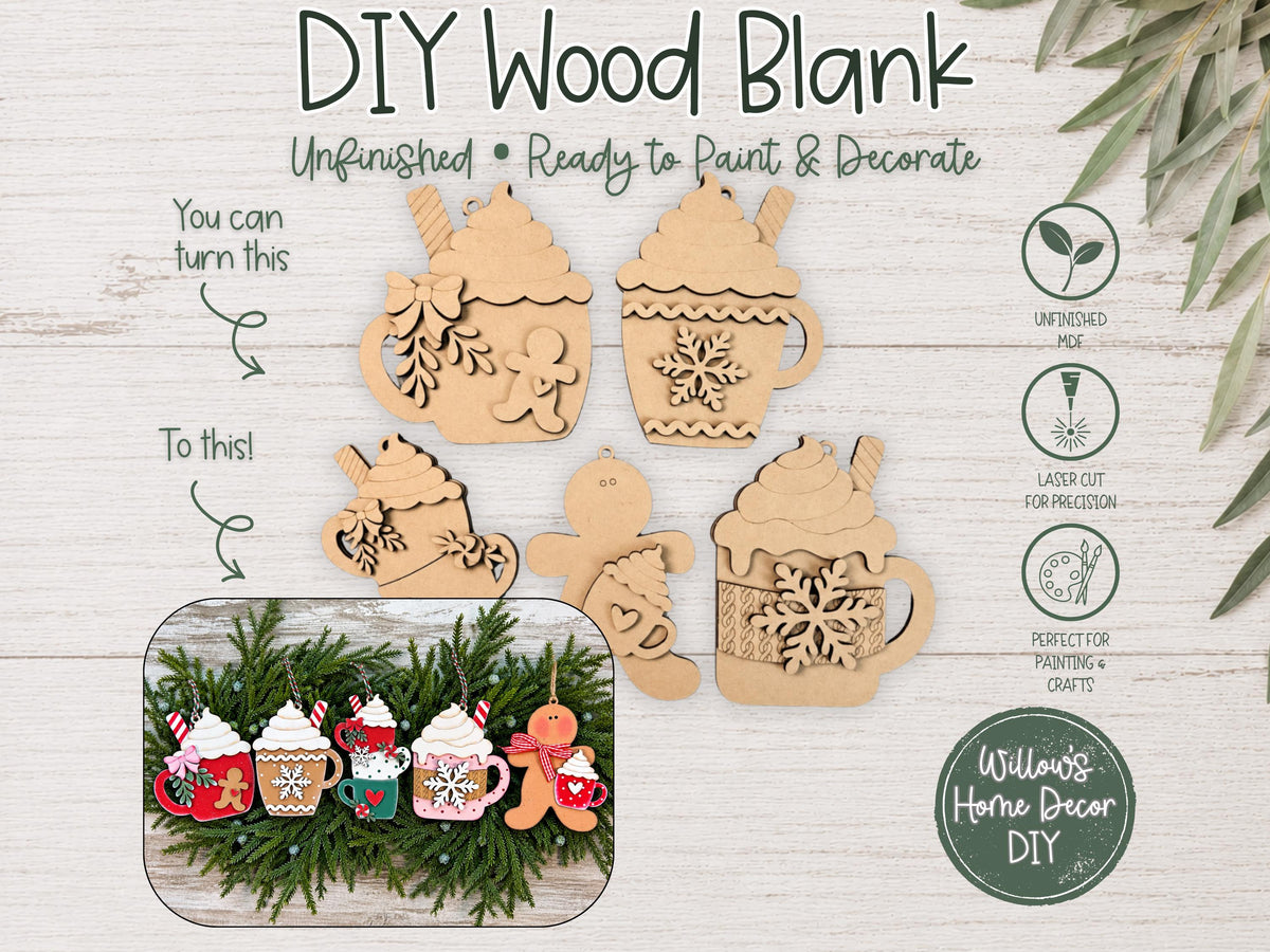 Hot Cocoa Mug Ornament Blanks, Unfinished Wood Paint Your Own, Gingerbread Christmas Ornament DIY Kit