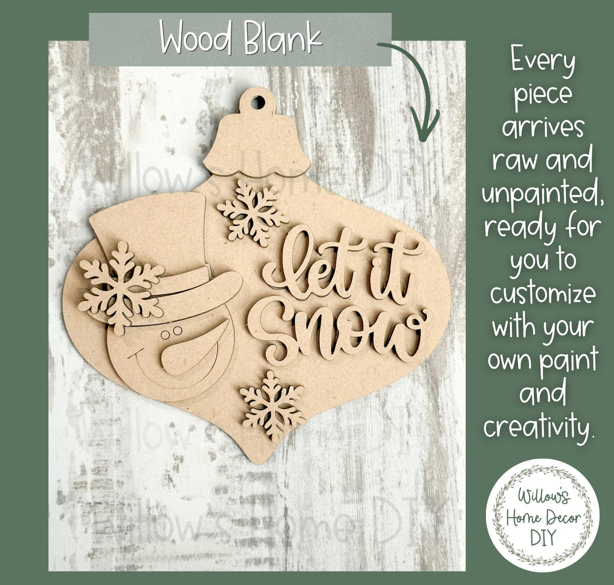 Let It Snow Snowman Ornament Blank to Paint, Unfinished Wood Christmas Ornament, DIY Winter Holiday Craft