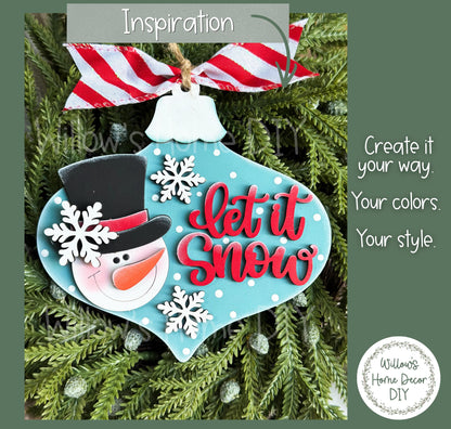 Let It Snow Snowman Ornament Blank to Paint, Unfinished Wood Christmas Ornament, DIY Winter Holiday Craft