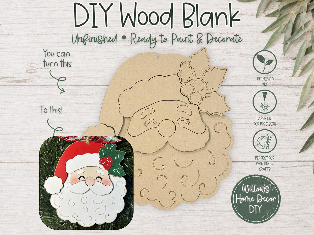 Santa Face Ornament Blank to Paint, Unfinished Wood Christmas Ornament, DIY Santa Claus Holiday Craft