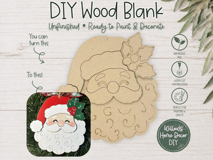 Santa Face Ornament Blank to Paint, Unfinished Wood Christmas Ornament, DIY Santa Claus Holiday Craft