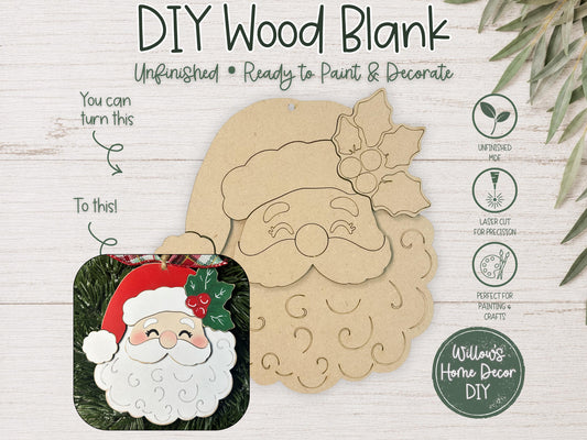 Santa Face Ornament Blank to Paint, Unfinished Wood Christmas Ornament, DIY Santa Claus Holiday Craft
