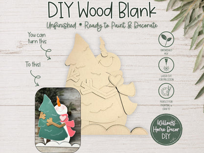 Snowman Hugging Christmas Tree Shelf Sitter Blank to Paint, Unfinished Wood Winter Decor, DIY Holiday Snowman Craft