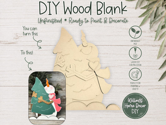 Snowman Hugging Christmas Tree Shelf Sitter Blank to Paint, Unfinished Wood Winter Decor, DIY Holiday Snowman Craft