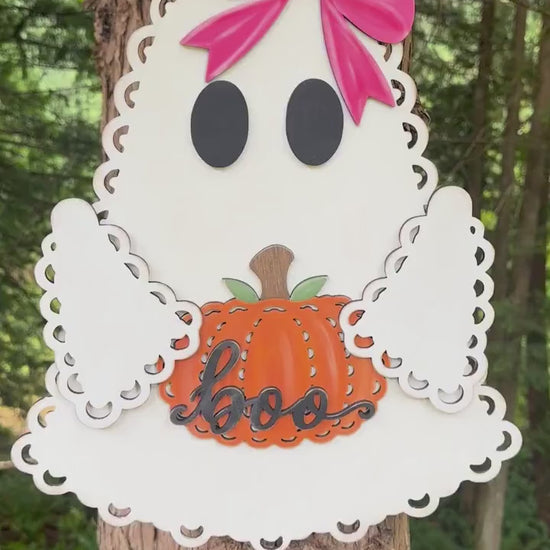 Halloween Ghost Door Hanger DIY Kit, Unfinished Wood Porch Sign Blank, Lace Bow Paint Your Own Fall Craft, Farmhouse Front Door Decor