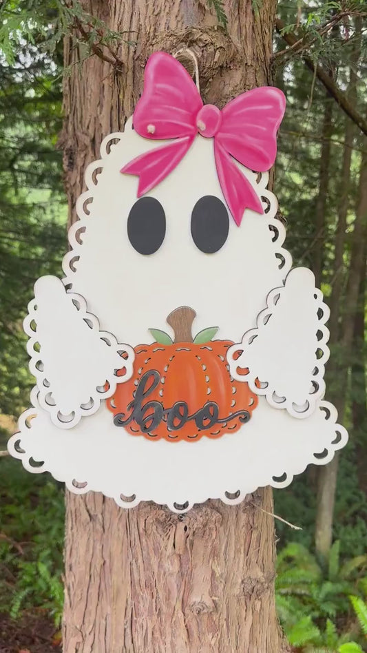 Halloween Ghost Door Hanger DIY Kit, Unfinished Wood Porch Sign Blank, Lace Bow Paint Your Own Fall Craft, Farmhouse Front Door Decor