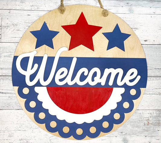 Welcome Patriotic Door Hanger - Home Sweet Home Door Decor - Front Porch Decorations - Red White Blue Decor