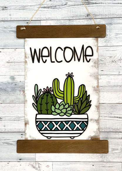 Succulent Welcome Sign - Plant Decor - Entryway Decor - Wood Scroll Sign