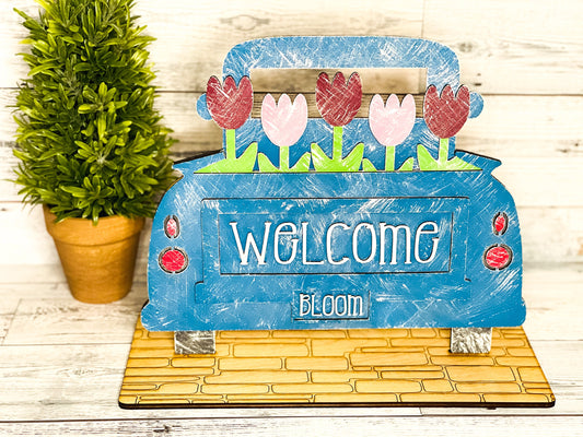 3D Spring Truck Shelf Sitter - Vintage Flower Truck - Welcome Sign - Entryway Decor