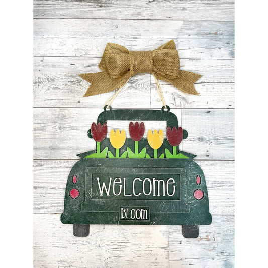 Vintage Flower Truck Door Hanger- Front Door Decor - Entryway Welcome Sign - Spring Farmhouse Home Decor