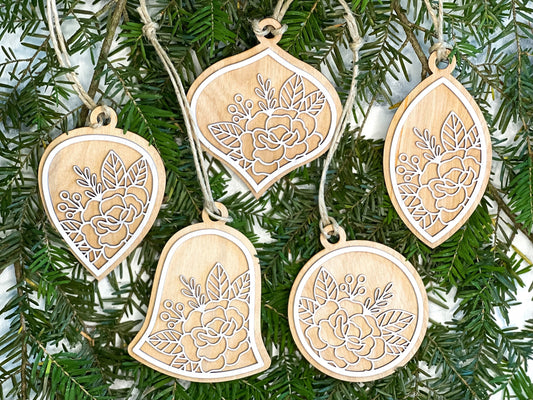 Boho Christmas Ornament - Floral Ornament Set - Christmas Tree Decorations - Natural Wood