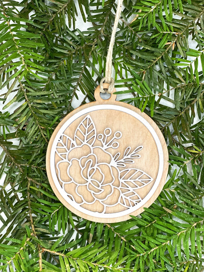 Boho Christmas Ornament - Floral Ornament Set - Christmas Tree Decorations - Natural Wood