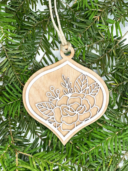 Boho Christmas Ornament - Floral Ornament Set - Christmas Tree Decorations - Natural Wood