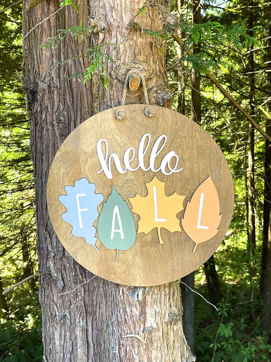 Hello Fall  Door Hanger - Fall Leaves Door Decor- Autumn Door Sign