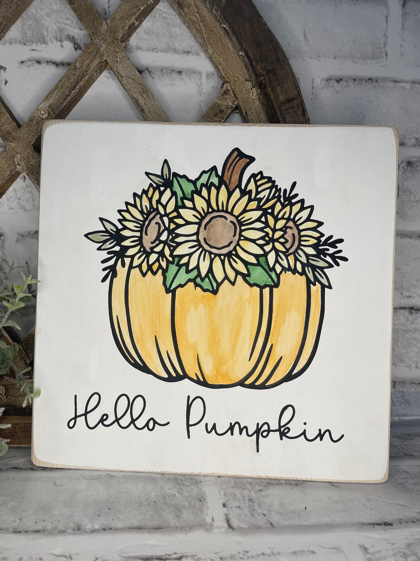 Flower Pumpkin Wood Sign - Hello Pumpkin - Sunflower Home Decor - Fall Shelf Sitter - Pumpkin Sunflower Wall Hanging