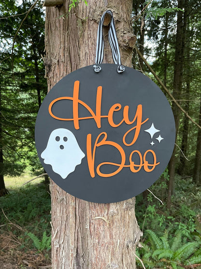 Hey Boo Wooden Halloween Door Hanger - Spooky Porch Decor- Ghost Door Sign